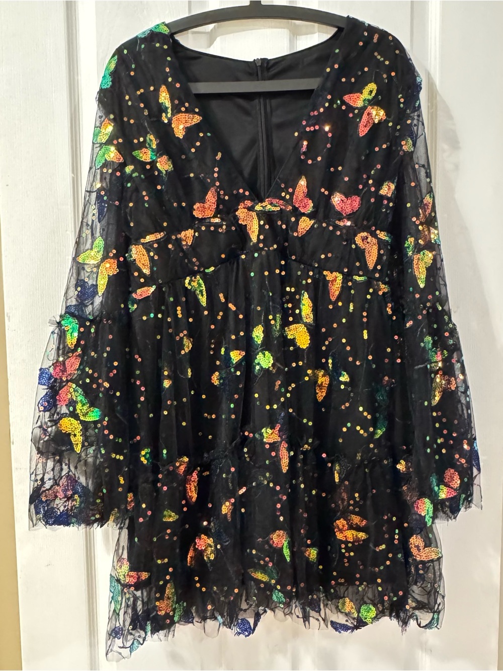 Black Sequin Butterfly Midi Long Sleeve Dress with Changing Color L/XL